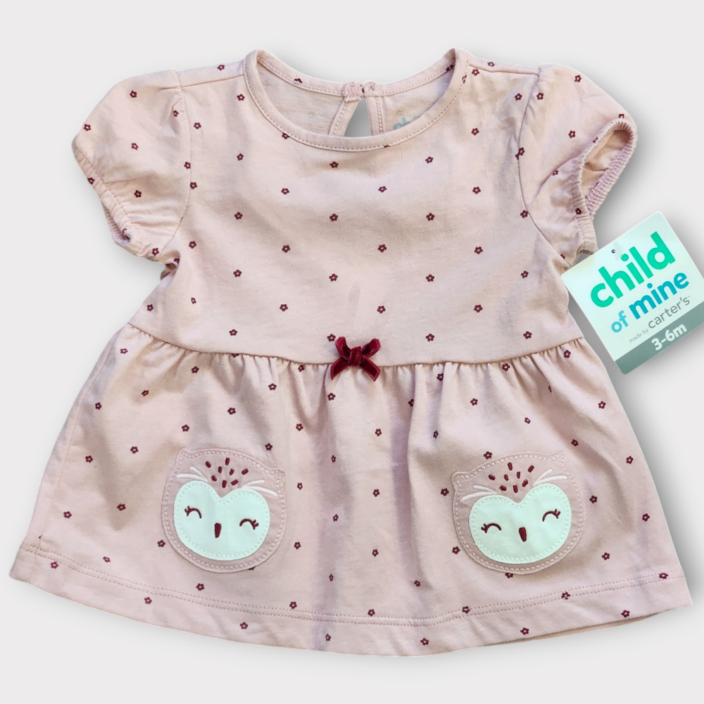 Carter's Baby Girl Dress 3-6 Months Pink Floral Print Owls Puff Short Sleeve